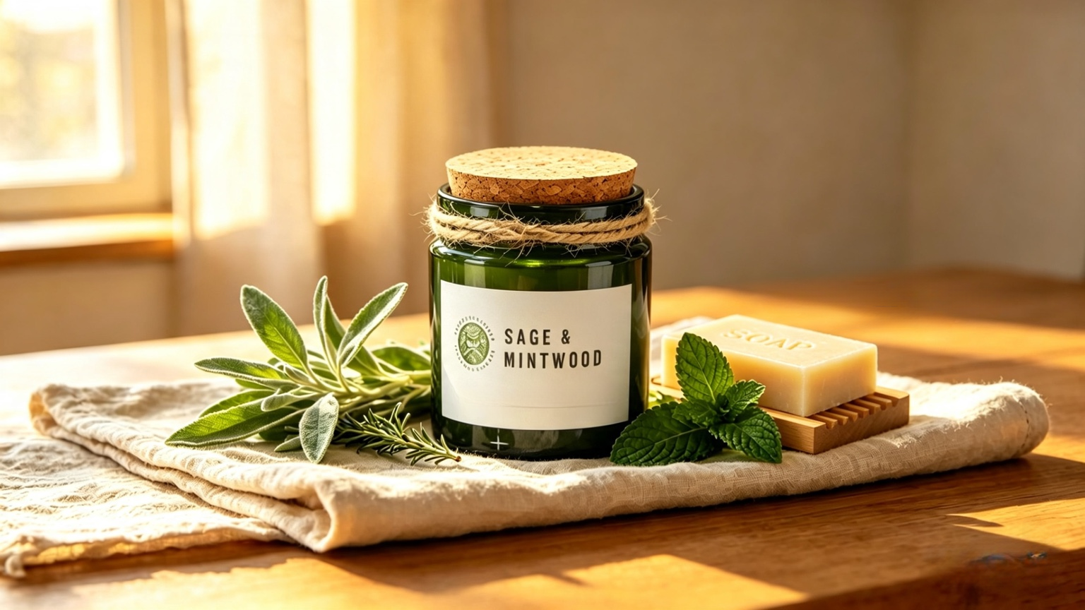Sage & Mintwood soy candle in a green glass jar with fresh sage, mint and a bar of soap on linen