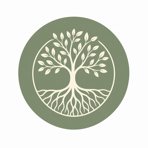 Rooted in Nature logo — a tree with roots